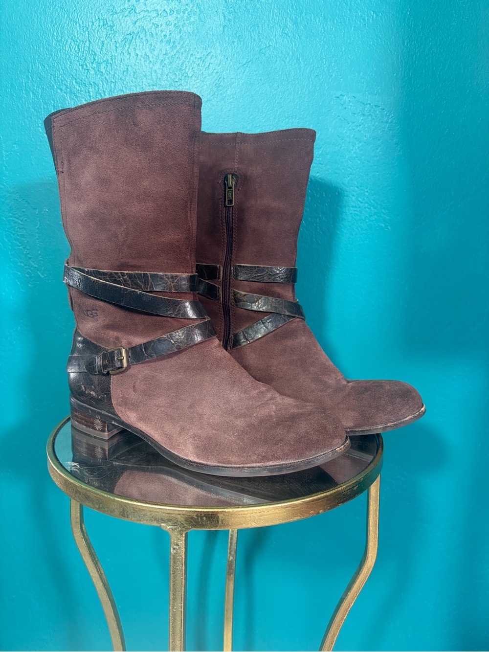UGG Chocolate Brown Suede Mid-Calf Heeled Boots with Strap Accents